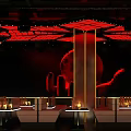 Modern Bar Interior With Red Lighting Ceiling Decoration And Moon Background 3d model