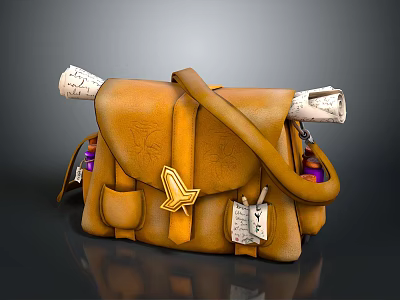 Vintage Leather Messenger Bag With Multiple Pockets And Scroll Papers For Everyday Use 3d model