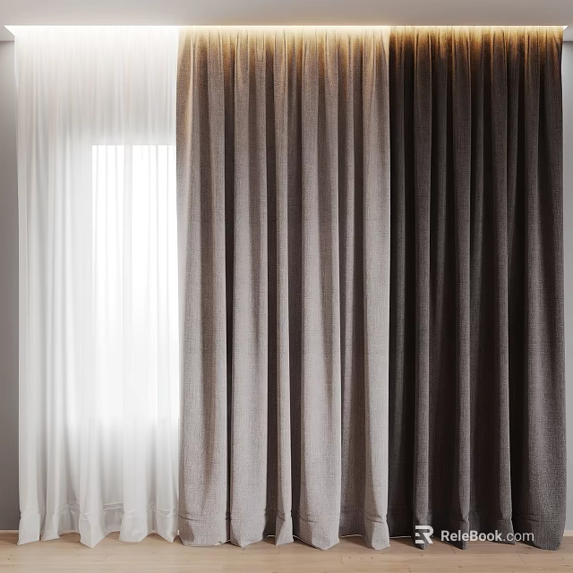 Modern Window Curtains With White Sheer And Brown Thick Fabric For Interior Design 3d model 