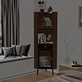 Wooden Storage Cabinet With Books Photo Frame And Plants In Living Room Sofa Area