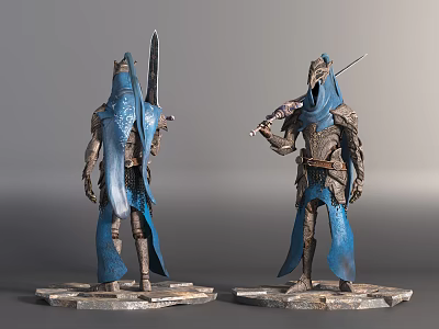Game Movie Characters in Blue Cloaks With Helmets Holding Swords Standing on Bases 3d model