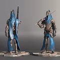 Game Movie Characters in Blue Cloaks With Helmets Holding Swords Standing on Bases