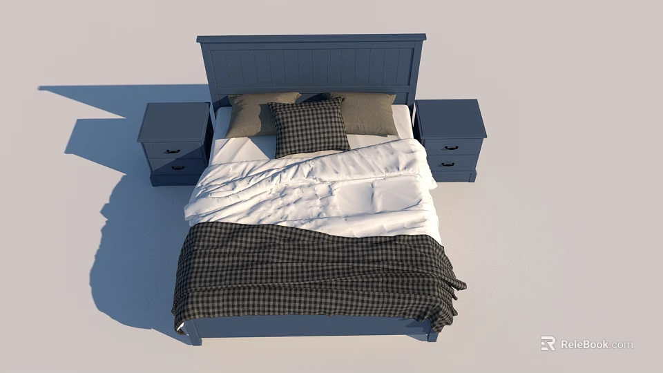 Comfortable Double Bed With Blue Headboard White Sheet Plaid Blanket And Nightstands 3d model