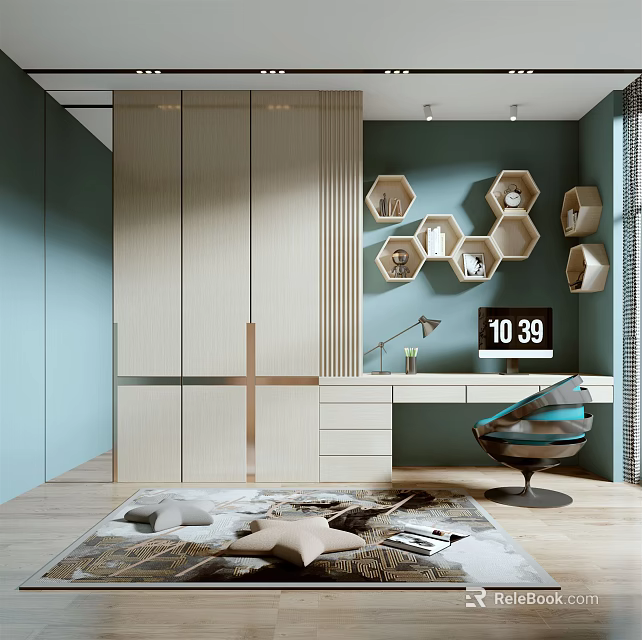 Modern Study Room Interior With Light Wood Cabinets Hexagonal Shelves And Green Wall 3d model 
