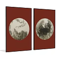 Two Red Framed Circular Ink Paintings With Nature Inspired Artwork 3d model