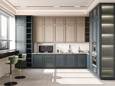 Modern Kitchen Interior With Dark Gray And Beige Cabinets Green Stools Window And Appliances 3d model