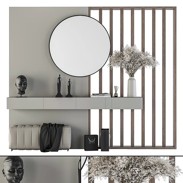 Modern Dressing Table With Round Mirror Decorative Sculptures Vase And Cabinets 3d model 