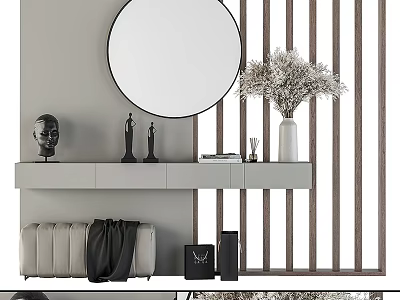 Modern Dressing Table With Round Mirror Decorative Sculptures Vase And Cabinets 3d model