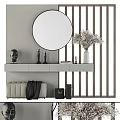Modern Dressing Table With Round Mirror Decorative Sculptures Vase And Cabinets