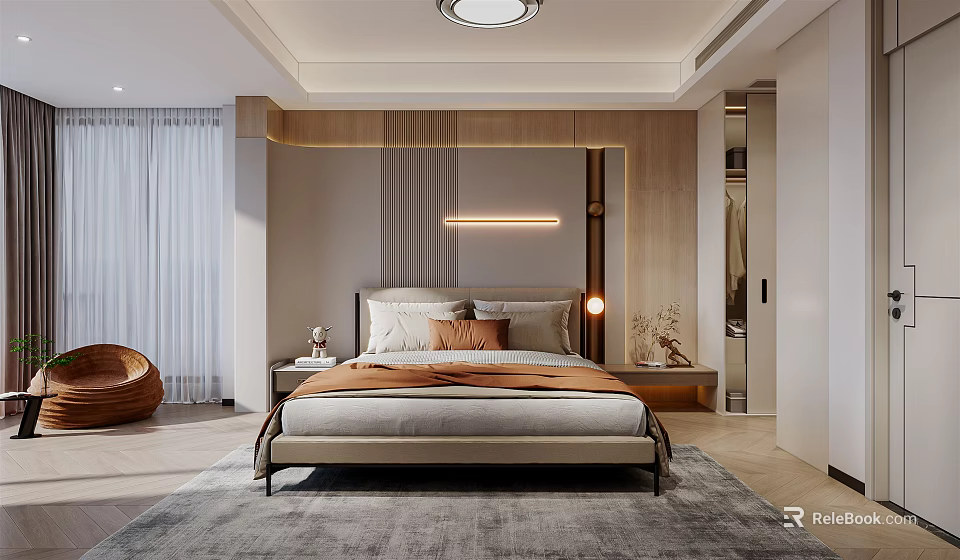 Modern Bedroom Interior With Wooden Headboard Ceiling Light And Soft Gray Rug 3d model 