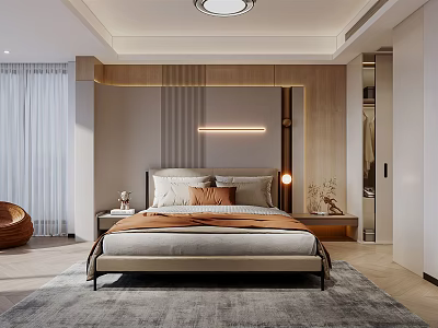 Modern Bedroom Interior With Wooden Headboard Ceiling Light And Soft Gray Rug 3d model
