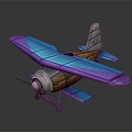 Vintage Space Aircraft 3D Model With Blue Purple Wings Wooden Metal Body And Propeller
