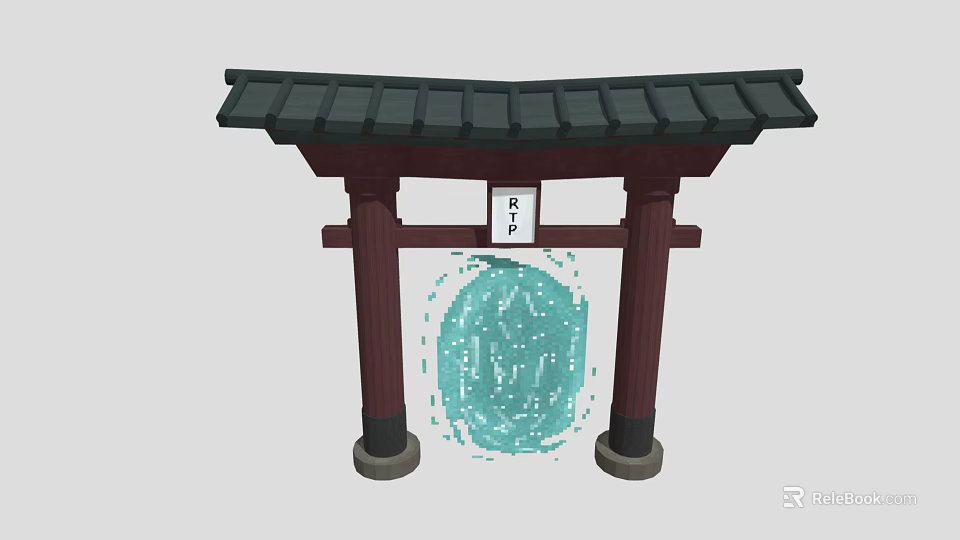 Traditional Entrance Gate With Black Tile Roof Red Pillars White Plaque And Circular Blue Ornament 3d model 