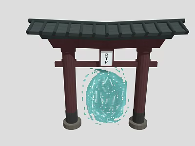 Traditional Entrance Gate With Black Tile Roof Red Pillars White Plaque And Circular Blue Ornament 3d model