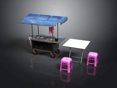 Outdoor Mobile Food Cart With Blue Canopy White Table And Pink Stools 3d model