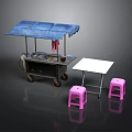 Outdoor Mobile Food Cart With Blue Canopy White Table And Pink Stools