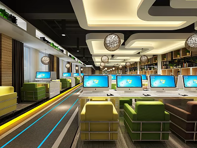 Modern Internet Cafe Interior With Multiple Computers Comfortable Seats Stylish Lighting And Spacious Layout 3d model