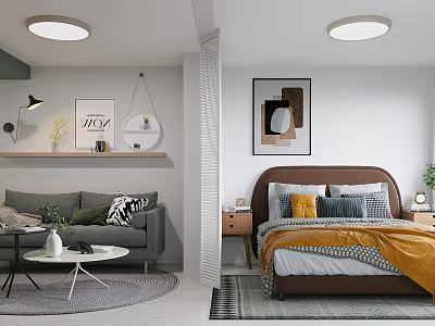 Modern Apartment With Sofa In Living Room And Bed In Bedroom 3d model