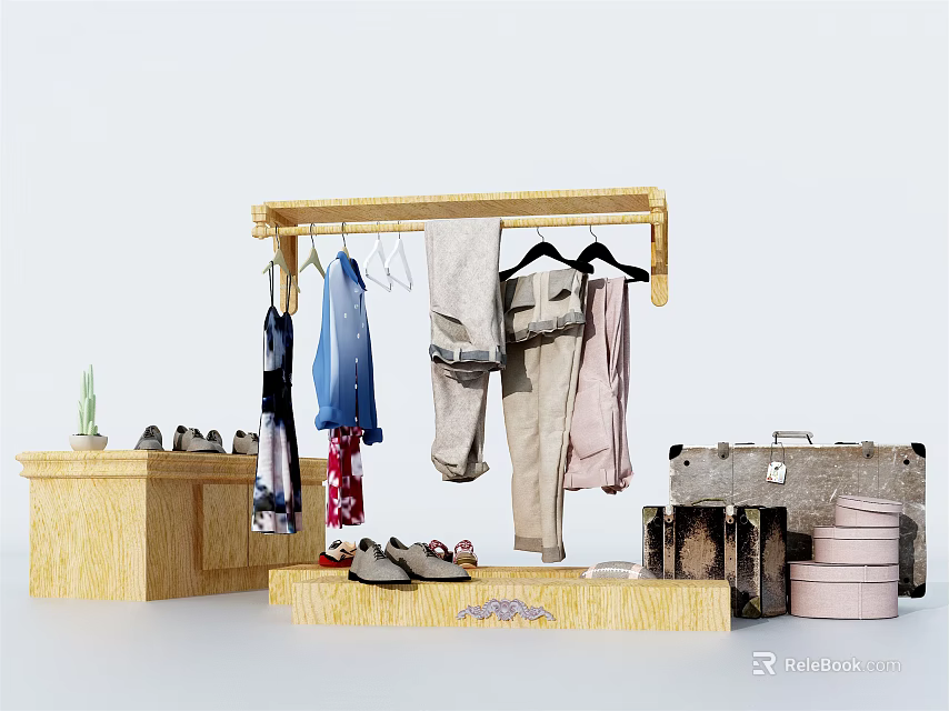 Wooden Clothes Rack With Hanging Clothes Shoes Vintage Suitcase And Stacked Hats 3d model 
