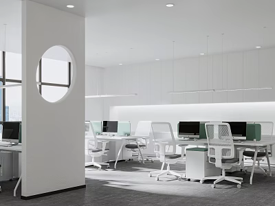 Modern Public Office Space With White Desks Ergonomic Chairs Suspended Lighting And Large Windows 3d model