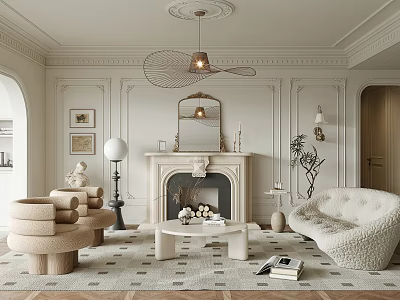 Elegant Modern Living Room Interior With Decorative Molding Ceiling Fan Fireplace And Mirror 3d model