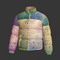 Trendy Puffer Jacket With Blue Yellow Beige Intricate Geometric Print Stand Collar Design