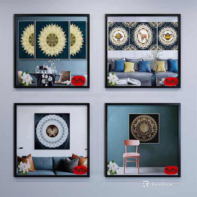 Stylish Decorative Wall Art for Living Room with Various Patterns and Home Decor Elements 3d model