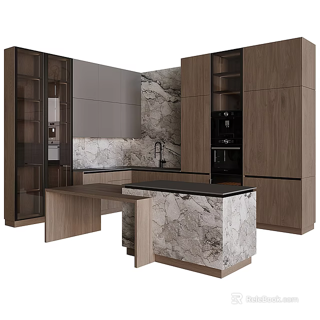 Modern Kitchen Cabinets Design With Wooden Frames And Marble Island Countertop 3d model 
