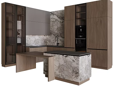 Modern Kitchen Cabinets Design With Wooden Frames And Marble Island Countertop 3d model