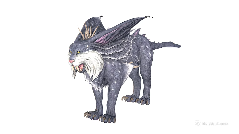 Mythical Fantasy Feline Creature With Feathered Wings Antlers White Mane And Yellow Eyes 3d model 