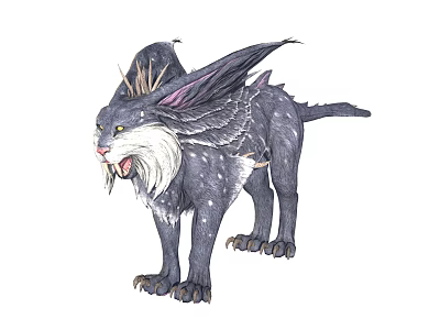 Mythical Fantasy Feline Creature With Feathered Wings Antlers White Mane And Yellow Eyes 3d model
