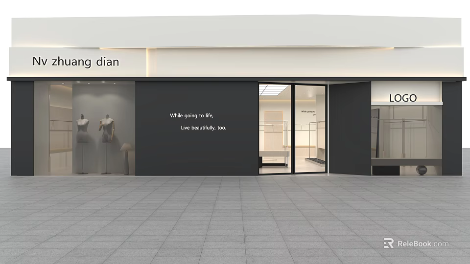 Modern Clothing Store Exterior with Glass Door Window Display Mannequins and Interior Racks 3d model 
