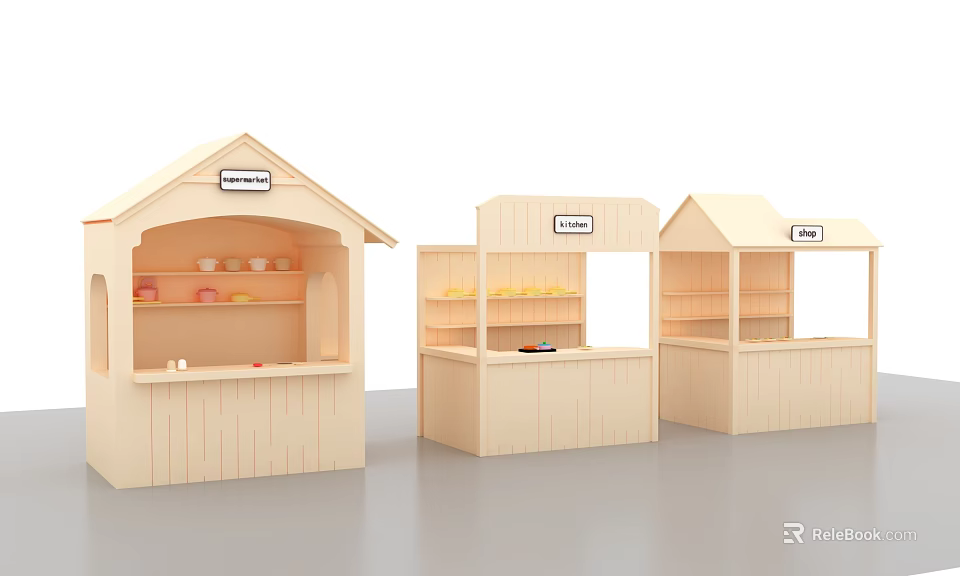 Kindergarten Wooden Play Structures For Kids Role Play Market And Café Areas 3d model 