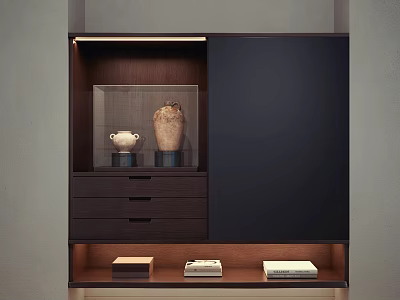 Modern Decorative Cabinet With Glass Door Displaying Vases Drawers Open Shelf With Books And Lighting 3d model
