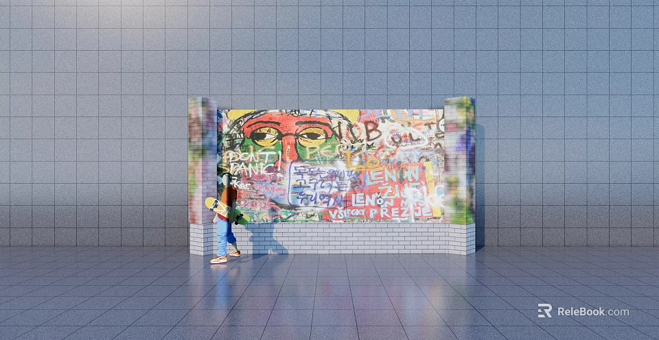Vibrant Graffiti Feature Wall With Colorful Artwork And Person Standing In Urban Space 3d model 