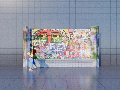 Vibrant Graffiti Feature Wall With Colorful Artwork And Person Standing In Urban Space 3d model