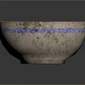 Antique Sculpture Carving Bowl With Grayish Black Surface Worn Edges And Blue Stripes Around Rim