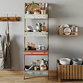 Kitchen With Hanging Aprons Multi Tiered Shelf And Wooden Crate For Organized Kitchenware Jars Plates