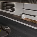 Modern Living Room Interior With Grey Sofa Striped Accent Wall White Cabinetry And Lighting