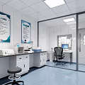Modern Laboratory Interior with White Walls Blue Flooring Lab Benches Windows and Cabinets