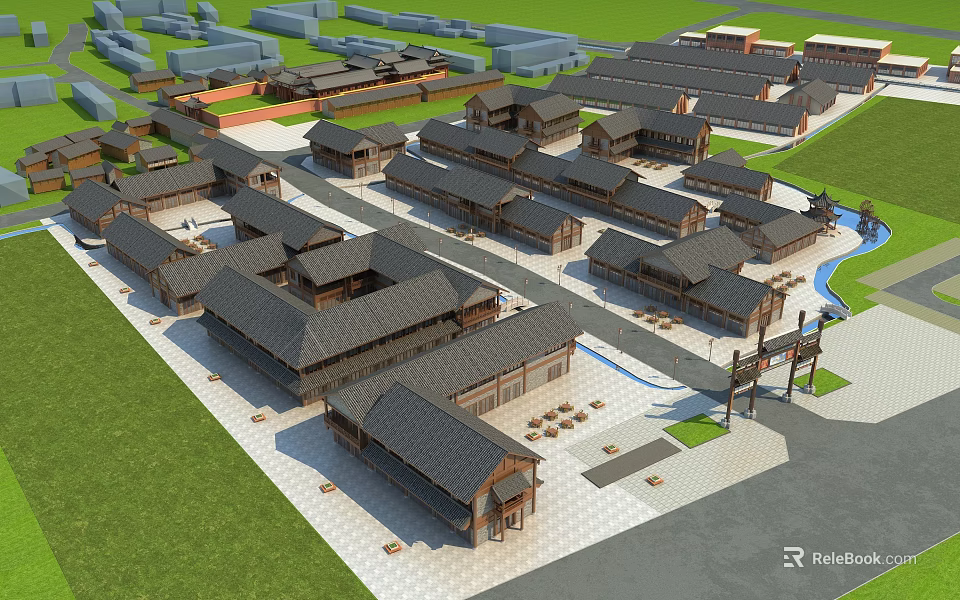 Traditional Ancient Architecture Complex With Black Tile Roofs Stone Paths And Green Grass 3d model 