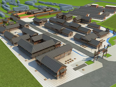 Traditional Ancient Architecture Complex With Black Tile Roofs Stone Paths And Green Grass 3d model