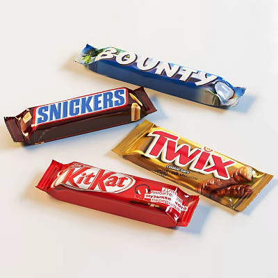 Assorted Chocolate Bars With Snickers Bounty Twix and KitKat Varieties 3d model Assorted Chocolate Bars With Snickers Bounty Twix and KitKat Varieties 3d model