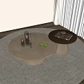 Modern Round Coffee Table With Side Table Glass Cups Green Limes Book Teacup On Rug