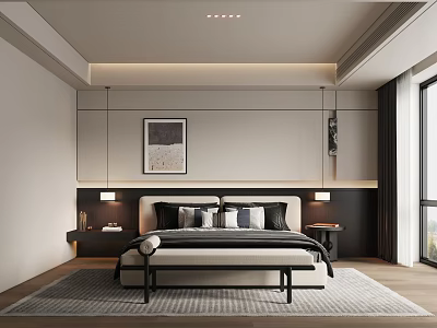 Modern Bedroom Interior Design With Bed Nightstands Table Lamps Artwork And Area Rug 3d model