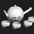 White Ceramic Teapot And Teacups Set With Intricate Patterns On Dark Background 3d model