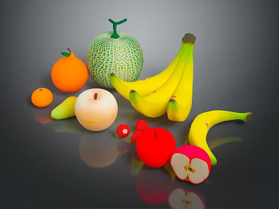Vibrant Assorted Fresh Fruits Including Orange Cantaloupe Banana Apple Peach And Strawberry 3d model