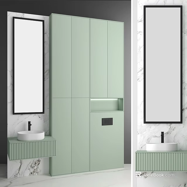 Double Washbasin In Light Green Bathroom Cabinet With Mirrors Marble Wall And Storage Space 3d model 