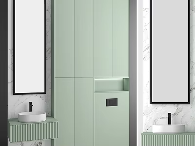 Double Washbasin In Light Green Bathroom Cabinet With Mirrors Marble Wall And Storage Space 3d model