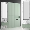 Double Washbasin In Light Green Bathroom Cabinet With Mirrors Marble Wall And Storage Space